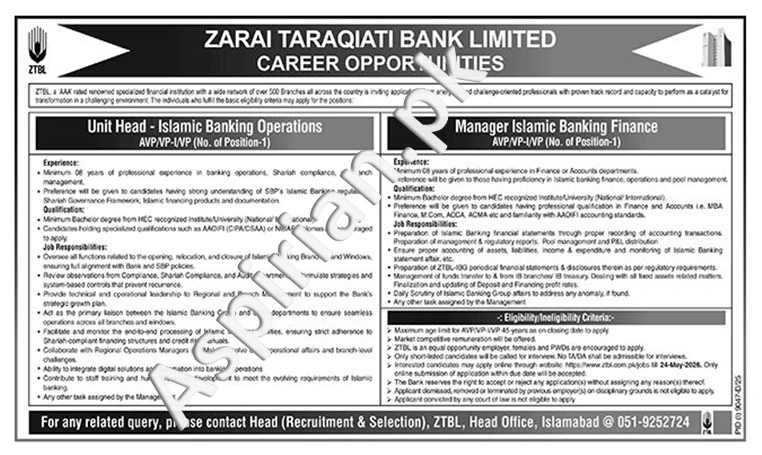 Zarai Taraqiati Bank Limited ZTBL Jobs